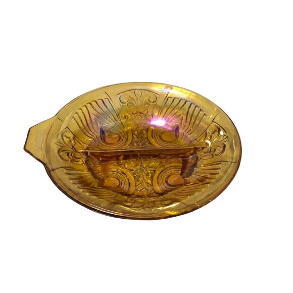 Vintage Iridescent Amber Carnival Glass Divided Double Sided Snack Candy Dish - Picture 2 of 3